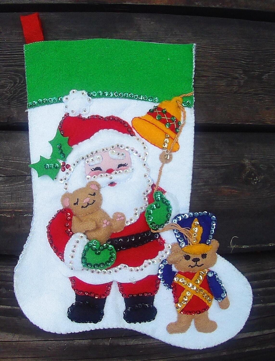 Handmade FINISHED Bucilla A Salute To Christmas Felt Stocking From Kit 33048 Santa Claus Bell Toy Soldier Vintage Applique Bears