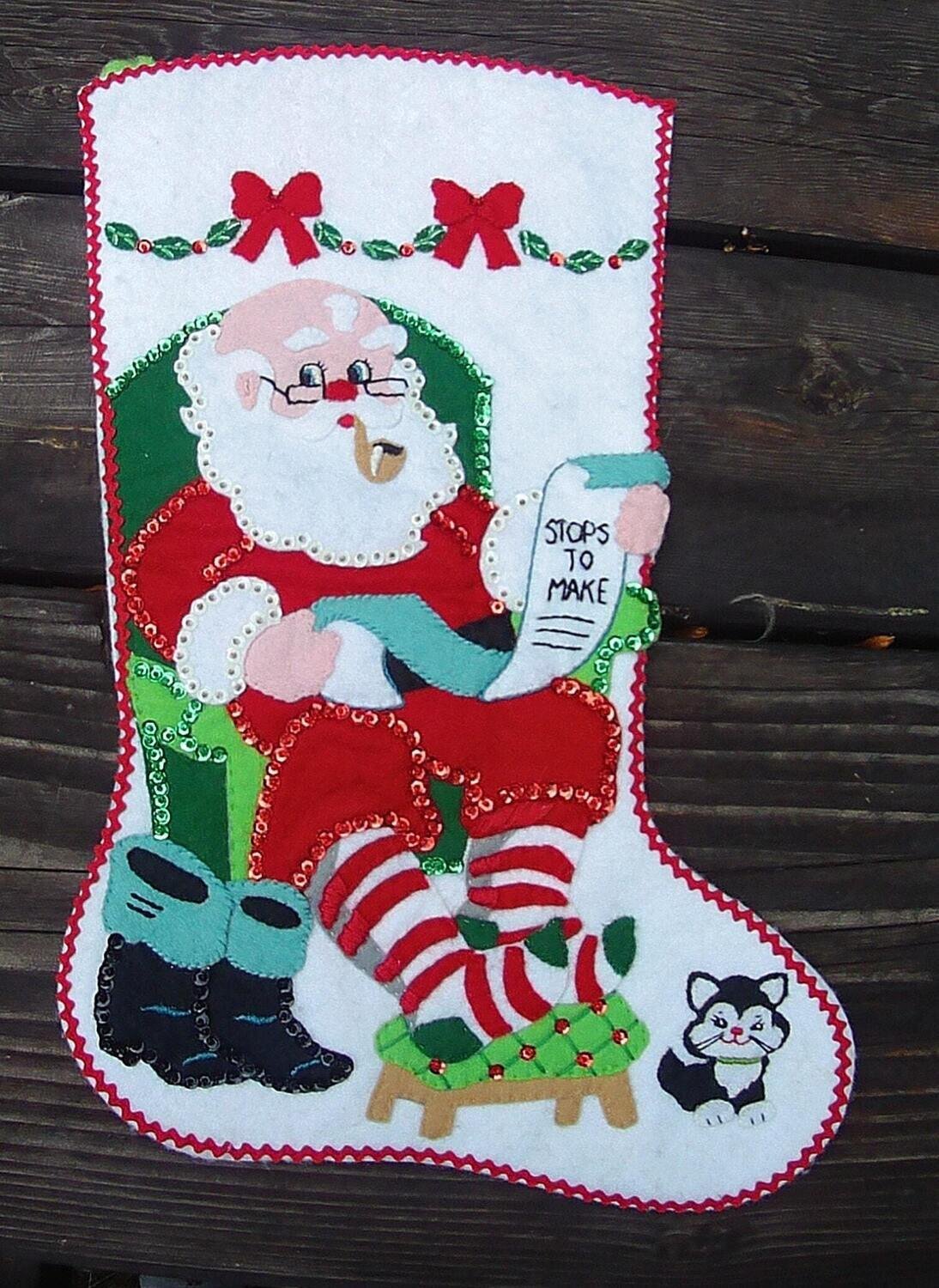 Handmade FINISHED Bucilla Kit He's Making A List  -  Christmas Felt Applique Holiday Stocking Kit 48974 Santa Mrs Claus Tree Ornaments