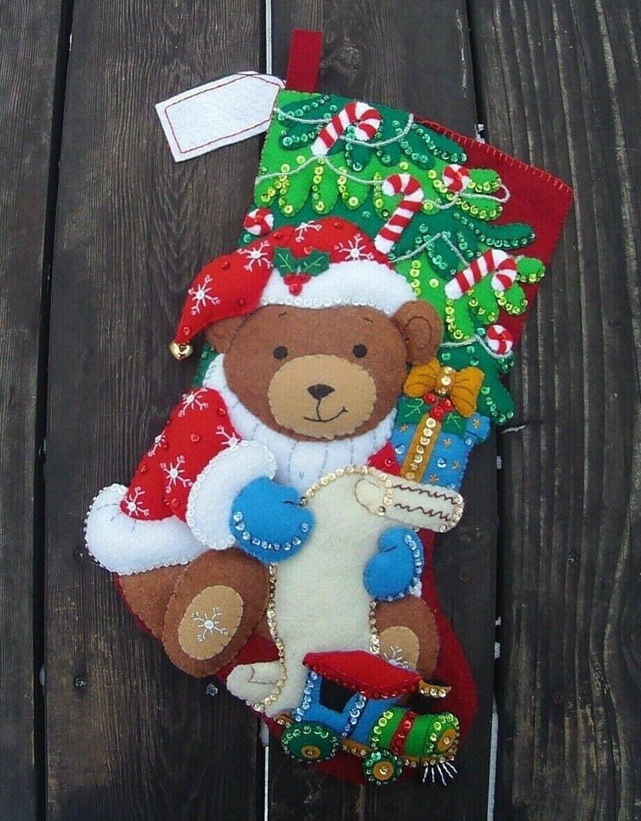 HANDMADE Christmas Stocking, Bucilla Santa Bear Finished  Felt Kit, 86062 Sequins, Custom Gift, Holiday Home Decor, Teddy Bear, Santa Claus