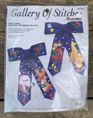New Vintage 1997 Bucilla Gallery of Stitches Holiday Bow Felt Craft Kit #33739, Noah and Santa, Christmas Craft Kit, Holiday Decor,