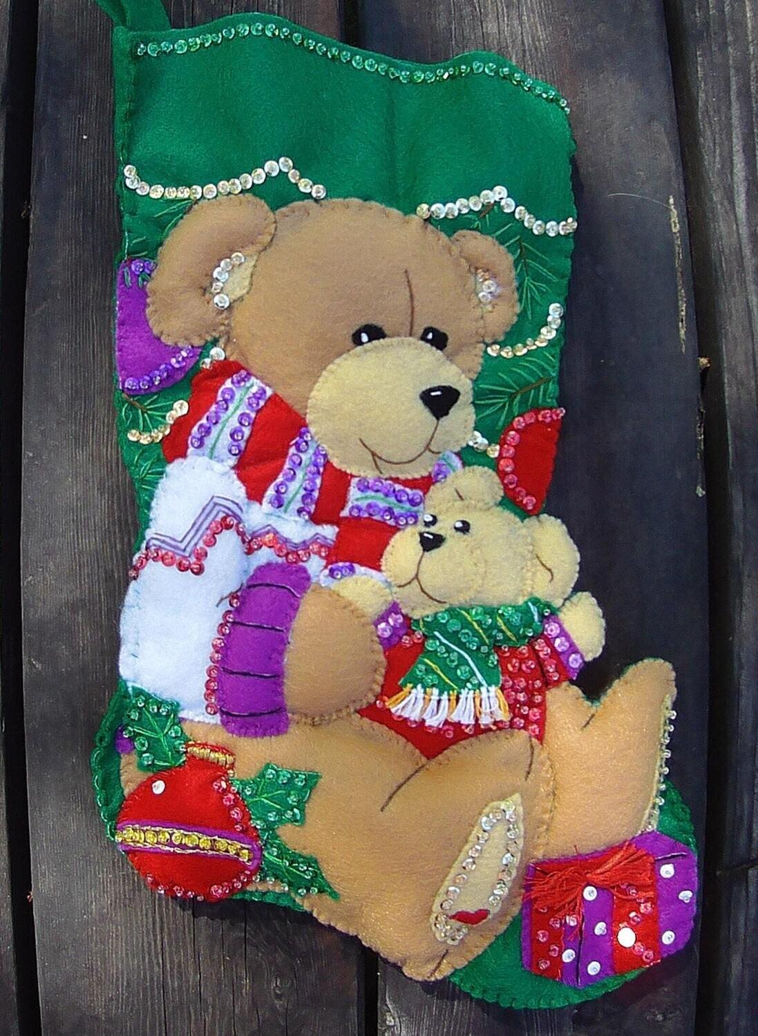 Finished Christmas Stocking  TEDDY BEAR Dimensions Feltworks From Kit 8115 Baby Bear Gifts Presents Sweater Applique Felt Completed!