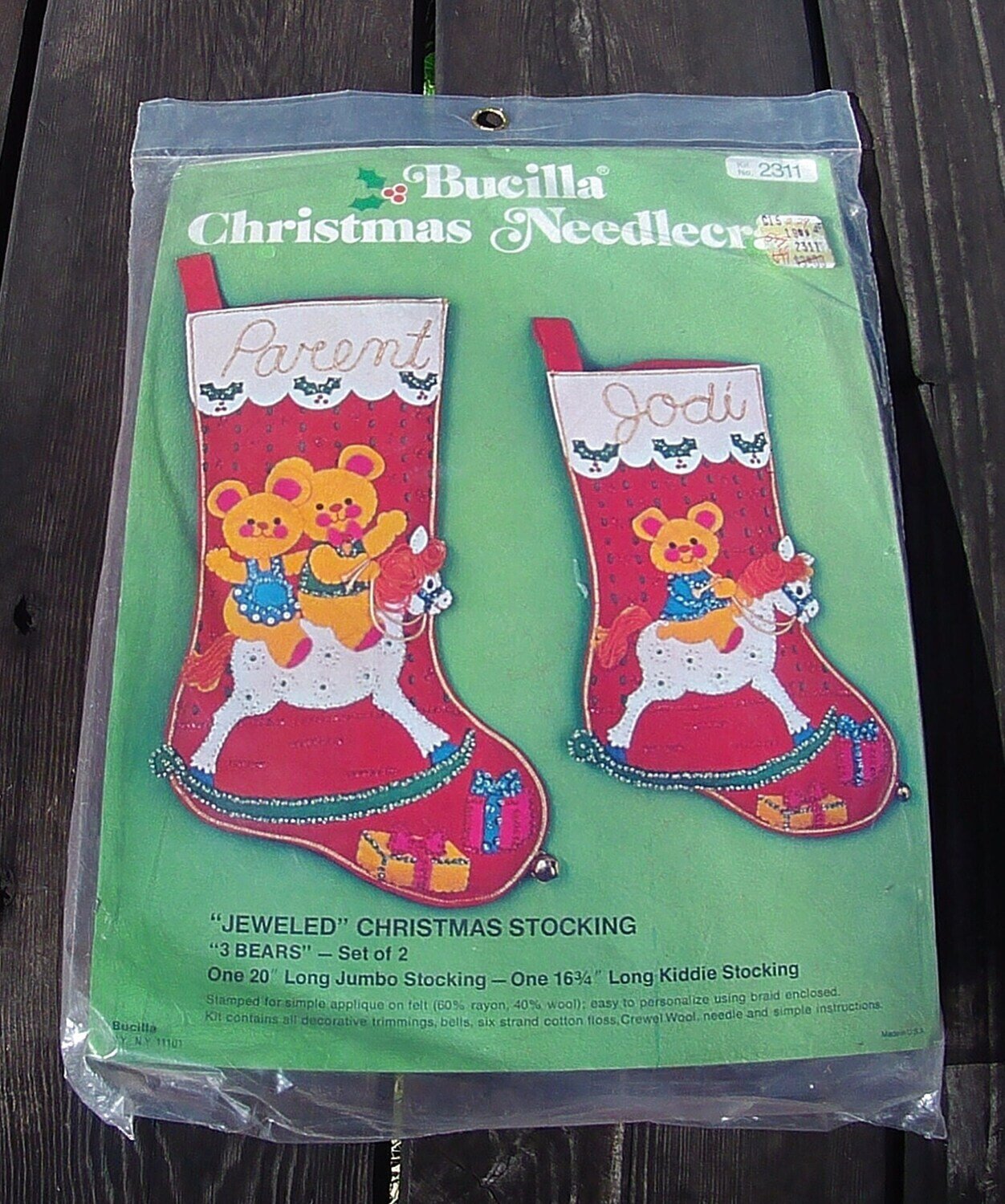 New 1970's BUCILLA 3 Bears Christmas Stockings Kit Jumbo & Kiddie Sizes Holiday Decor Jeweled Sequins Beads Retro Christmas