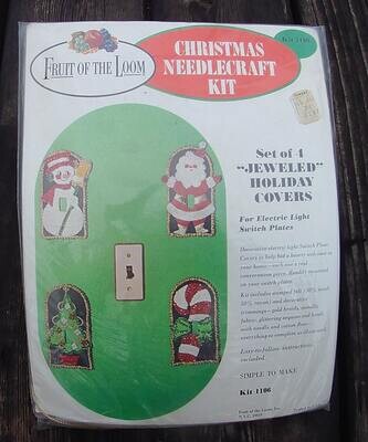EX RARE Vintage 1960's Bucilla / Fruit of the Loom Kit #1106 Santa & Snowman Jeweled Switch Plate Covers / Ornaments Kit Christmas