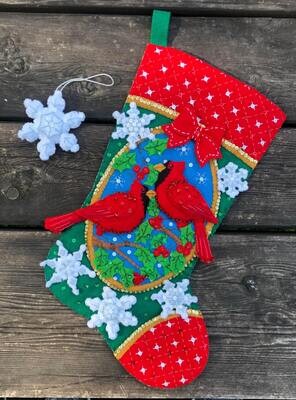 Bucilla Christmas Stockings Handmade Cardinals Winter Birds Green Red Festive Holiday Fireplace Mantle Wall Door Decoration Family Couples