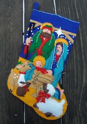 Custom Vintage 90's HANDMADE Finished Dimensions Feltworks HOLY FAMILY Christmas Stocking Baby Jesus Mary Joseph Religious Stocking