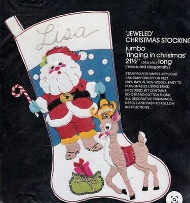 New RARE 1980's Bucilla Santa JUMBO Ringing in Christmas Stocking Kit #3570 Santa Rudolph Snow Toy Bag Sequins Beads Holiday Stocking Kit