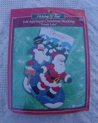 New Vintage Bucilla Frosty Lake Christmas Stocking Kit #84338  Circa - 2000 - Makes 18in Felt Stocking! Santa, Snowman, Ice-skating!