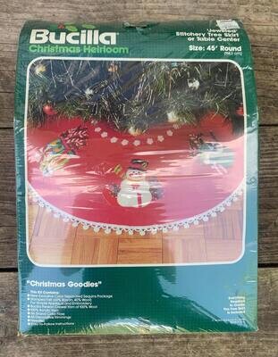 Vintage Bucilla 1980's Christmas Goodies Felt TREE SKIRT KIT 48608 Santa Gingerbread Snowman Train Retro Decor Holiday Craft Kit