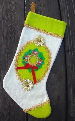 Extremely Rare Handmade FELT ORIGINALS Wreath in Green STOCKING Wreath Vintage Fully Lined Stocking Retro Wall Decor