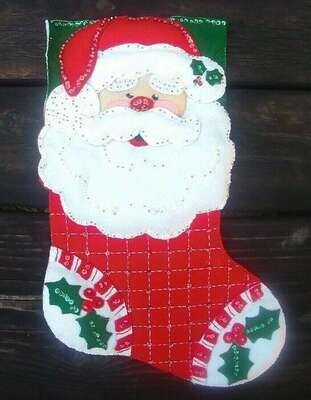 Fantastic FINISHED Bucilla Happy Santa Claus Face Felt Stocking From Kit # 84819 Sequins Felt Applique Bucilla Stocking Complete