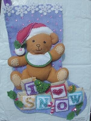 HANDMADE FINISHED Bucilla Baby Teddy Bear Christmas Stocking Handmade Felt Applique From #85432 1st Christmas Finished Bucilla Kit