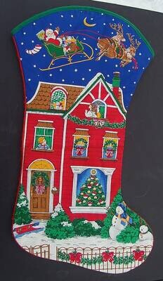 CRANSTON FINISHED JUMBO Over The Roof Tops / Christmas Eve 32in  Christmas Stocking Cranston Print Works Co. 1980's  Santa Claus Stocking!