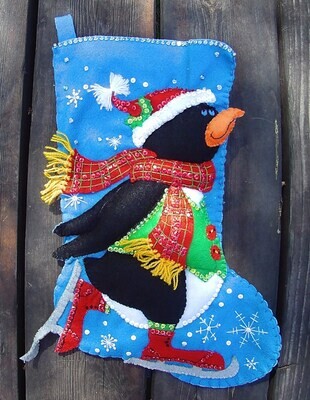 SKATING PENGUIN FINISHED Christmas Stocking Dimensions Feltworks From Kit 8123 Snow Ice Birds Applique Felt Completed!