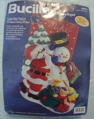 VINTAGE 1998 Bucilla Santa & Frosty Christmas Stocking Kit #83974 NEW Original Maria Stanziani Snowman Felt Jeweled