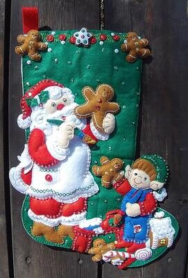 New! FINISHED Bucilla Gingerbread Santa Christmas Stocking From Kit #86442  Elf Cookies Candy Toys Handmade Hand Sewn Felt Stocking!