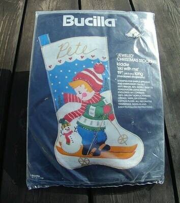RARE VTG 1980s Bucilla Ski With Me Jeweled Christmas Stocking Kit 3573 Sequins Needlepoint  Christmas Holiday Decor Vintage Craft Kit Toys