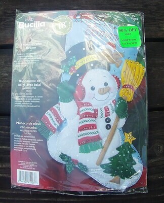 New BUCILLA Snowman With Broom Christmas Stocking Kit #85103 Maria Stanziani - Circa 2004 - Felt Sequins Beads Applique Sealed Kit