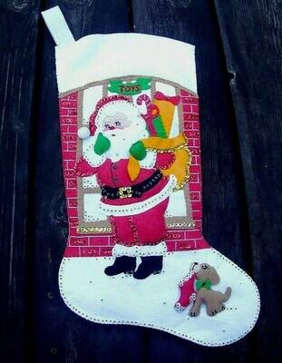 RARE 1980's Paragon HANDMADE Santa "Don't Forget Me!" Claus Dog Christmas Stocking  Finished Personalize Christmas Stocking Custom Stocking