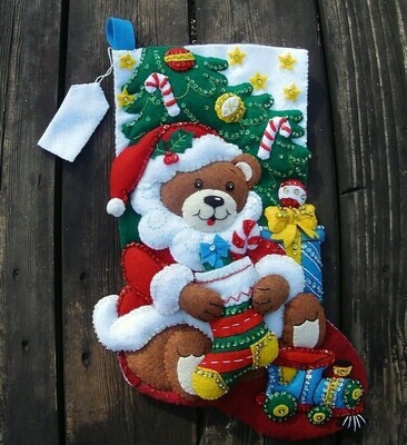 Rare New FINISHED BUCILLA Handmade Teddy Bear Santa Christmas Stocking 86503 Finiished Bucilla Kit Train Bear Toys Holiday Decor Original