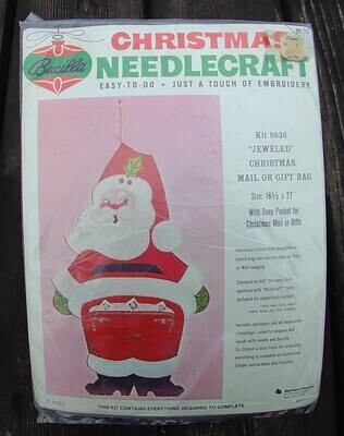 VINTAGE 1960's BUCILLA Kit 8635 Santa Jeweled Christmas Mail Bag Stitchery Wall Hanging Retro Holiday Decor NeedleCraft Kit