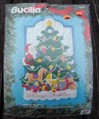 VINTAGE 1980's BUCILLA Kit 83107 Christmas Tree Banner / Wall Hanging Retro Holiday Decor NeedleCraft Kit Snow Winter