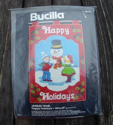 VINTAGE 1980's Christmas BUCILLA Kit 48792 Holiday Holidays Snowman Kids Jeweled Panel Wall Hanging Holiday Felt Craft Sequins Beads