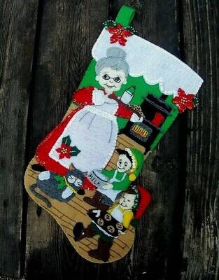 New HANDMADE Mrs. Santa Claus With Elves Baking Cookies Merry Stockings  Finished Felt Christmas Stocking Holiday Decor Custom Stocking