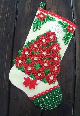 New FINISHED Custom HANDMADE Bucilla Poinsettia Christmas Tree  Stocking #89252 Dove Holiday Decor Flowers Gift Idea Stocking Stuffers