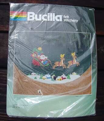 SCARCE New Vintage 1980's Bucilla 35" Christmas Eve Delivery  Felt Tree Skirt Kit #82273- Santa Sled Reindeer Village Sleigh