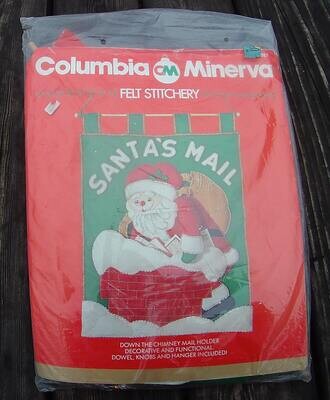 VINTAGE 1970's COLUMBIA MINERVA Santa Down the Chimney Jeweled Christmas Mail Bag Felt Card Holder Wall Hanging Sequins Beads Tree