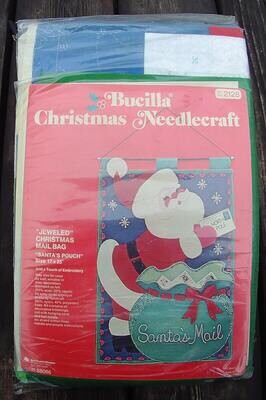 VINTAGE 1970's BUCILLA Kit 2128 Santa's Pouch Jeweled Christmas Mail Bag Stitchery Wall Hanging Retro Holiday Decor NeedleCraft Kit