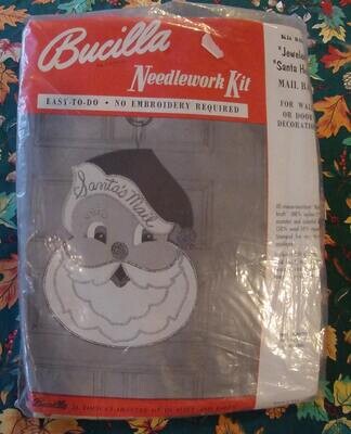 VINTAGE 1950's BUCILLA Kit 8491  Santa Head  Wall Hanging Holiday Door Or Wall Decor Sequins Beads Retro Craft Kit