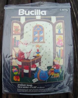 VINTAGE 1980's BUCILLA Kit 48796 Dear Santa Jeweled Panel Felt Wall Hanging Christmas  Retro Holiday Decor Letter to Santa Claus