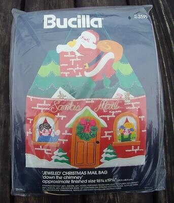 VINTAGE 1980's BUCILLA Kit 3599 Down The Chimney Santa Claus Felt Jeweled Christmas Mail Bag Stitchery Wall Hanging Retro Holiday Decor