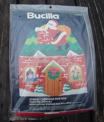 VINTAGE 1980's BUCILLA Kit 3599 Down The Chimney Santa Mail Bag /  Felt Card Holder / Wall Hanging Sequins Beads Retro Craft Kit