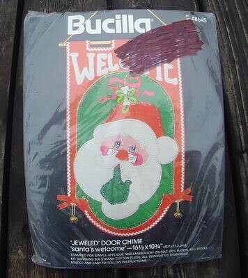 VINTAGE 1980's BUCILLA Kit 48645 Santa's Welcome - Peace Wall Hanging Jeweled Holiday Door Chime Christmas Felt Craft Kit Sequins Beads