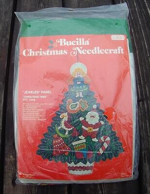 VINTAGE 1980's BUCILLA Kit 2120 Christmas Tree Wall Hanging Jeweled Panel Holiday Christmas Felt Craft Kit Sequins Beads