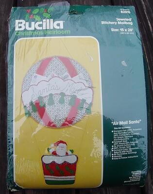 VINTAGE 1980's BUCILLA Kit 82015 Air Mail Santa Christmas Mail Bag Jewelry Stitchery Wall Hanging Retro Holiday Decor NeedleCraft Kit