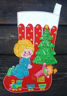 Vintage FINISHED Bucilla 1970's Handmade Christmas Morning Felt Stocking #2314 Sequins Beads Applique Snow Holidays Kids Gifts Tree
