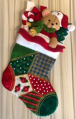 NEW! FINISHED Handmade Bucilla Custom Felt Christmas Stocking PATCHWORK TEDDY