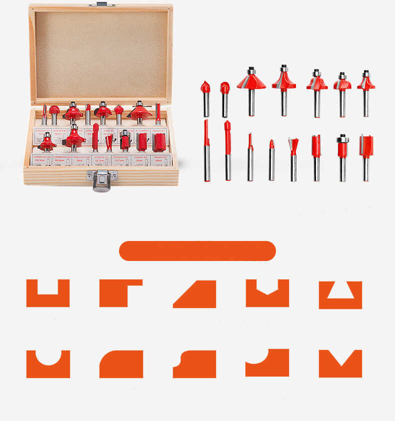 KIT 15 FRESAS 1/4 - 6.35MM - PARA ROUTER O FRESADORA