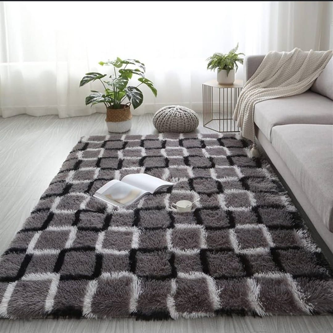 Alfombra Peluda Shaggy Gris a Cuadros 1.5 X 1.0 Mts Calidad Premium