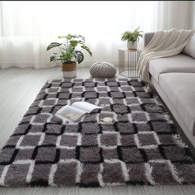 Alfombra Peluda Shaggy Gris a Cuadros 1.5 X 1.0 Mts Calidad Premium