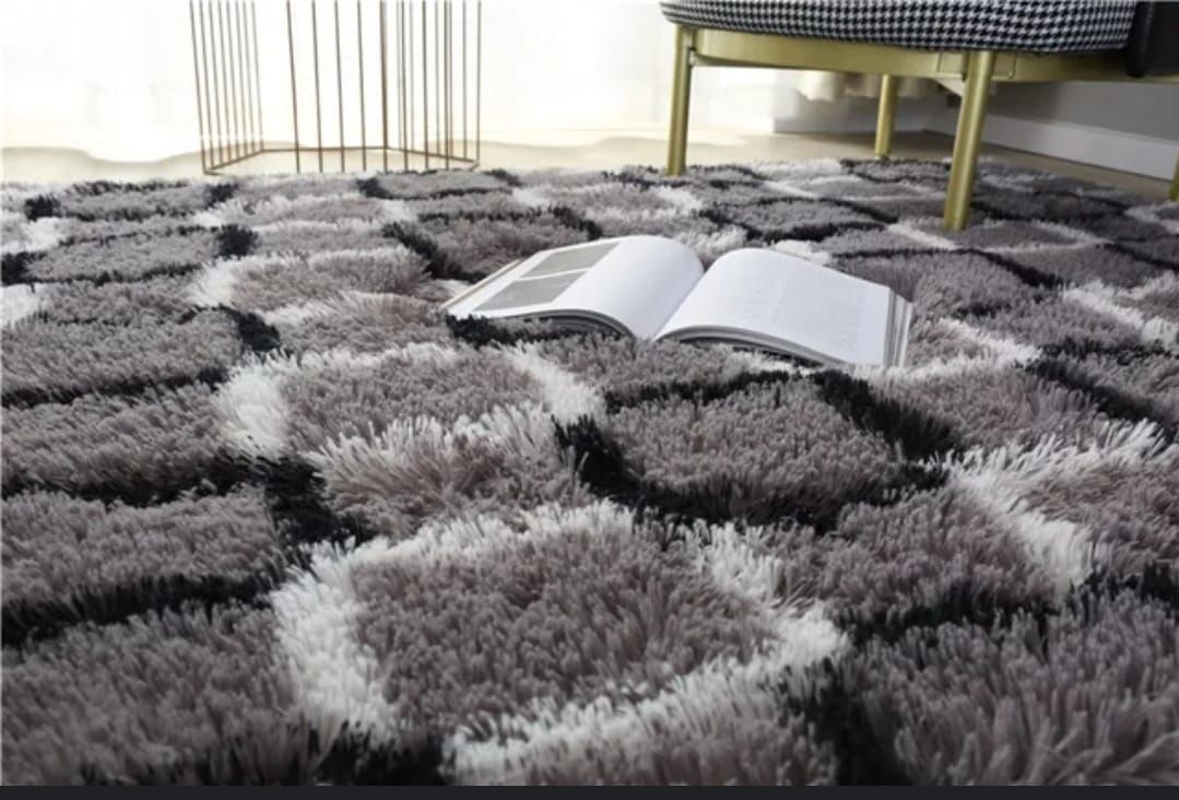 Alfombra Peluda Shaggy Gris a Cuadros 1.5 X 1.0 Mts Calidad Premium