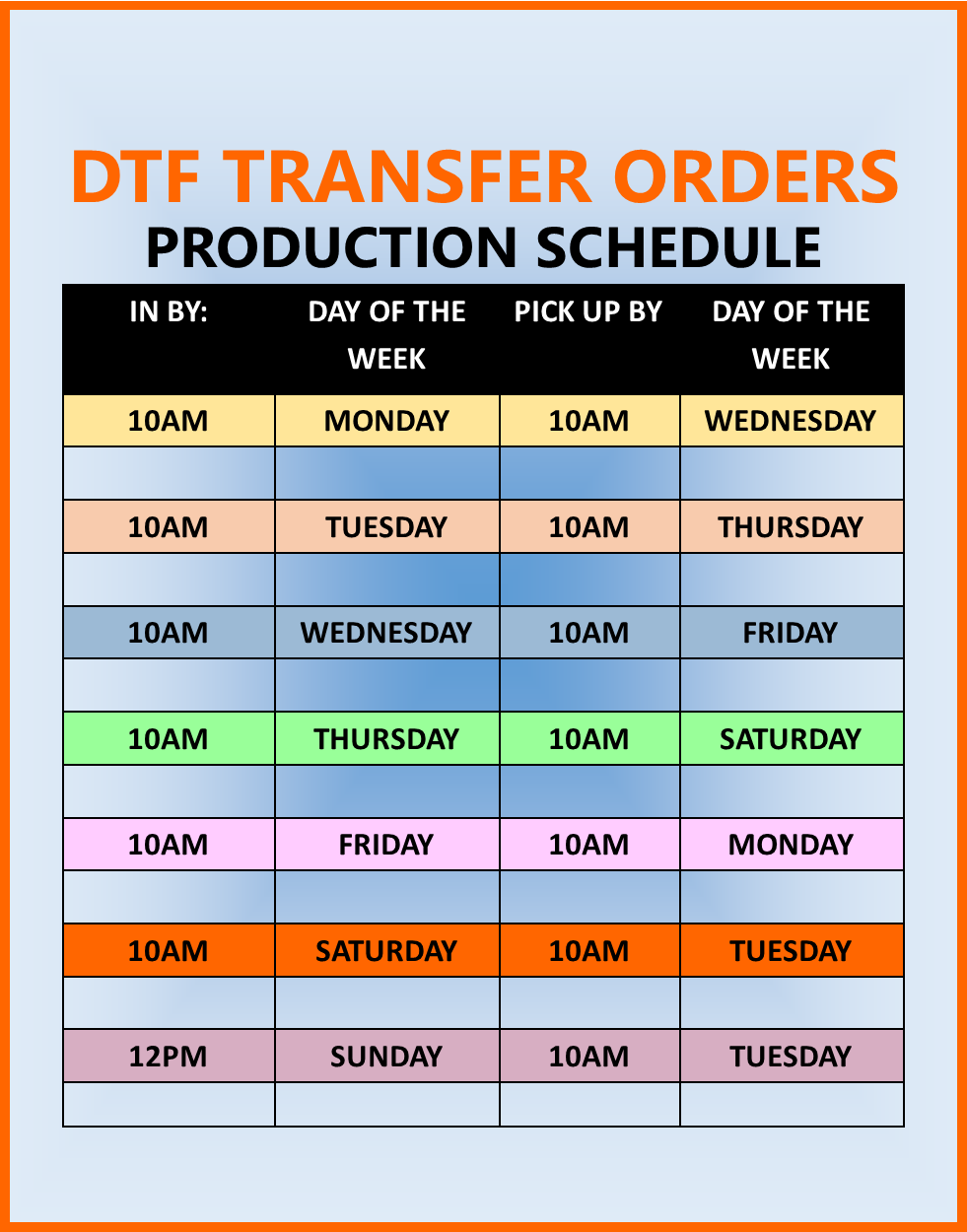 DTF PRINTING TURN TIME SCHEDULE