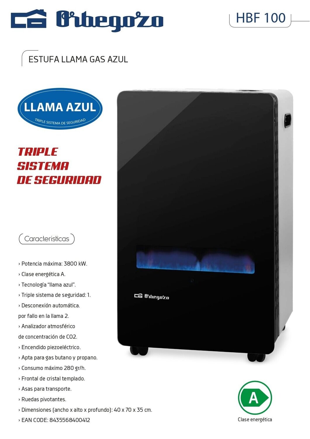 1 PALET ESTUFAS ORBEGOZO CRISTAL NEGRO LLAMA AZUL HBF-100 CON TARA