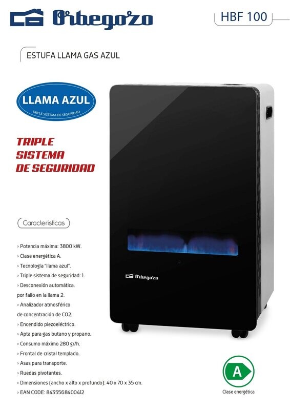 1 PALET ESTUFAS ORBEGOZO CRISTAL NEGRO LLAMA AZUL HBF-100 CON TARA