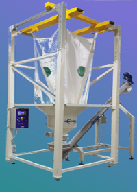 Descargador de big-bag con balanza y PLC para dosificar y válvula dosificadora neumática.