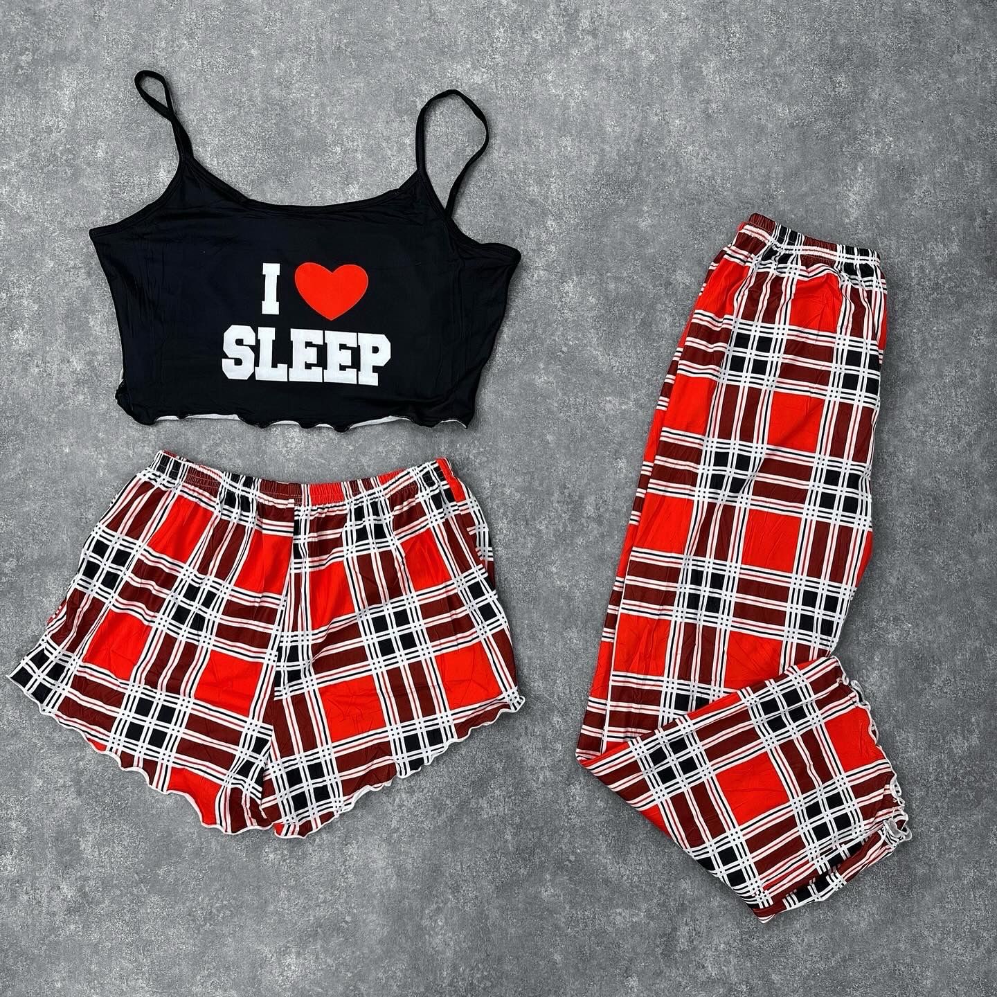 Pijama de 3 piezas top+short+pantalon X MAYOR ( $350 c/u paquete minimo de 5 unidades) Colores surtidos, opcion de elegir talles