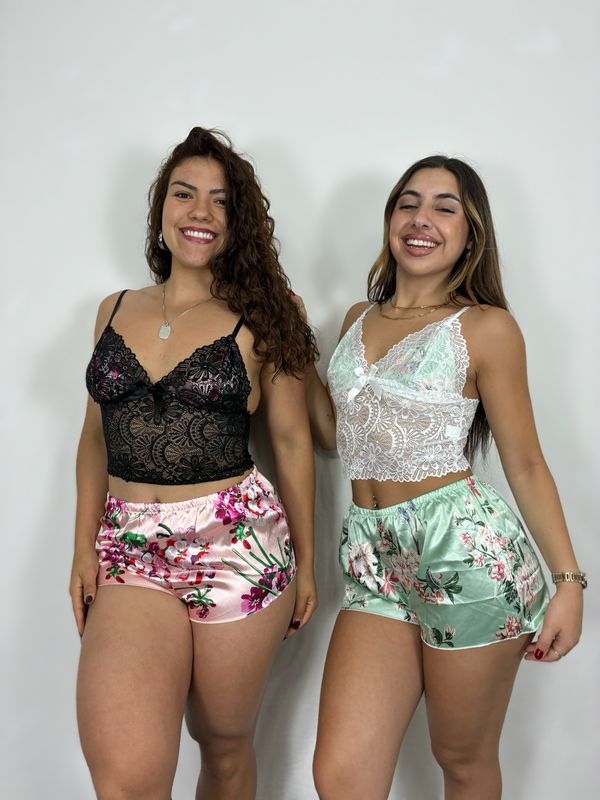 Pijama de dama diseño floral mas top con encaje
